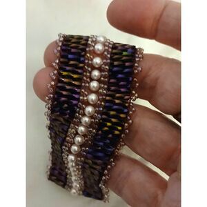 Faux pearl beaded bracelet bronze tone beads button closure